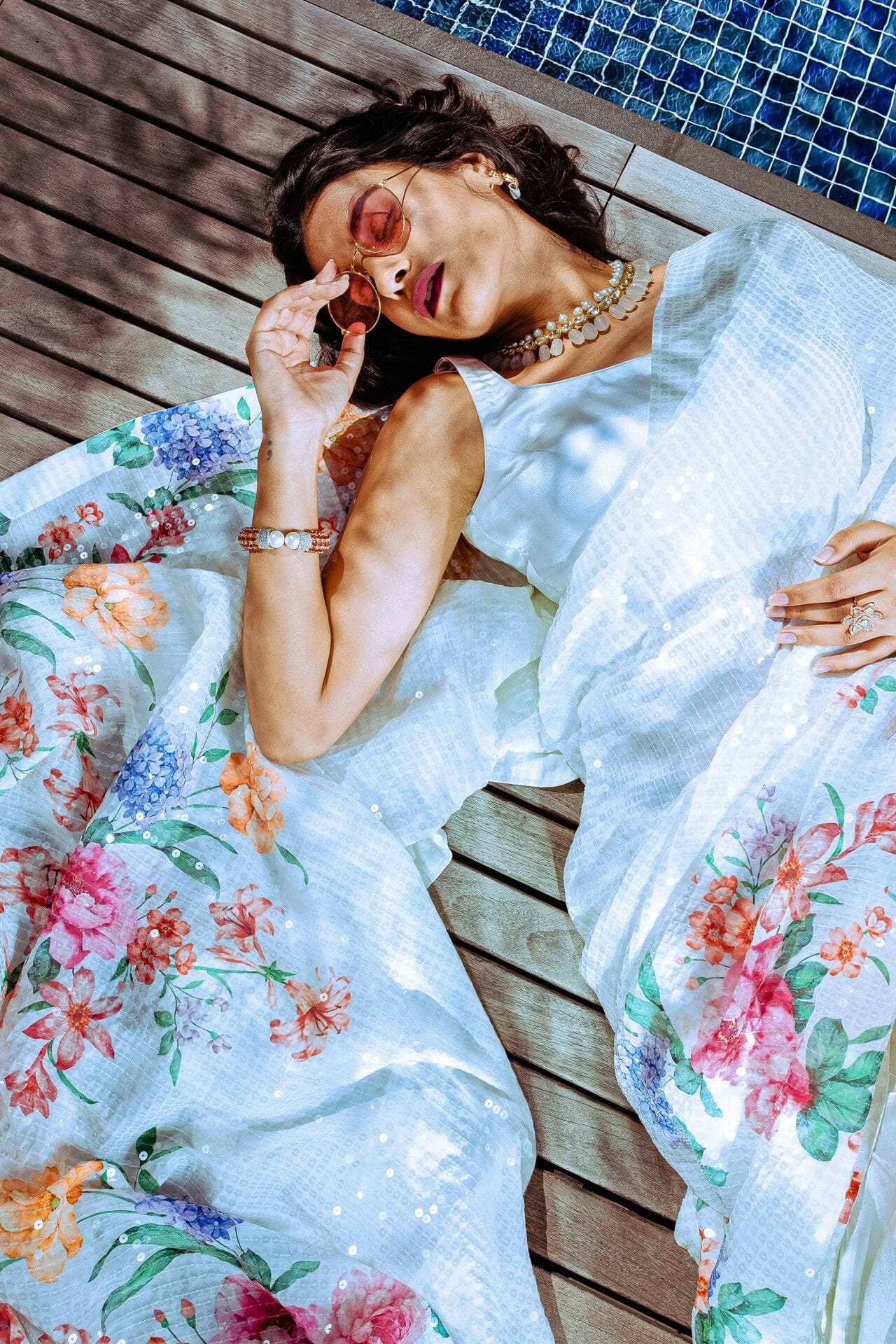 Cream Color Georgette Sequins Saree