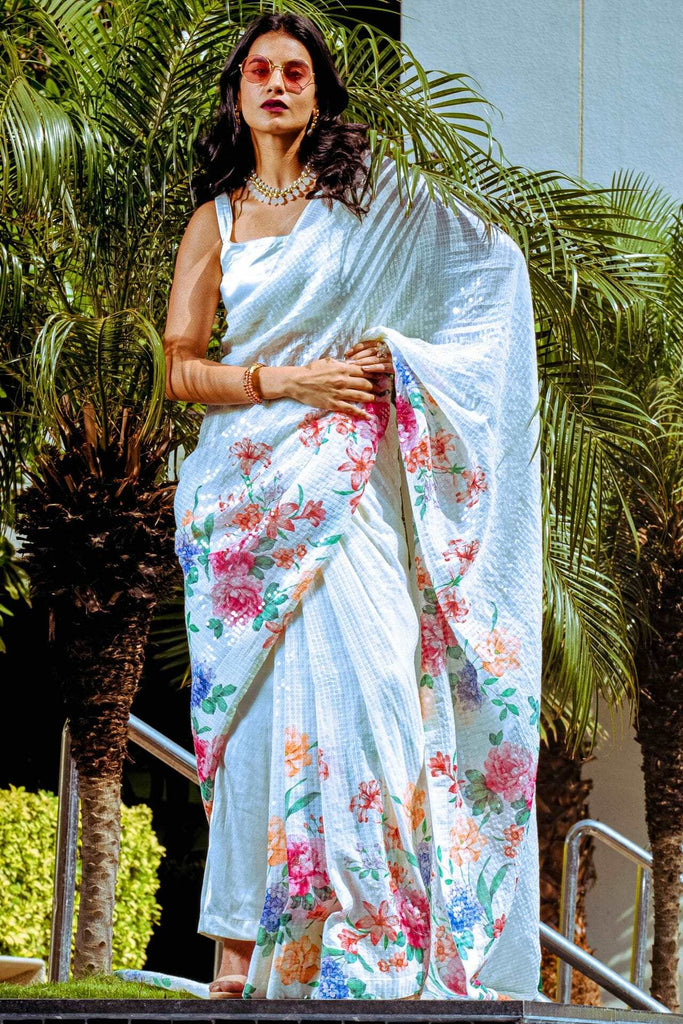 Cream Color Georgette Sequins Saree