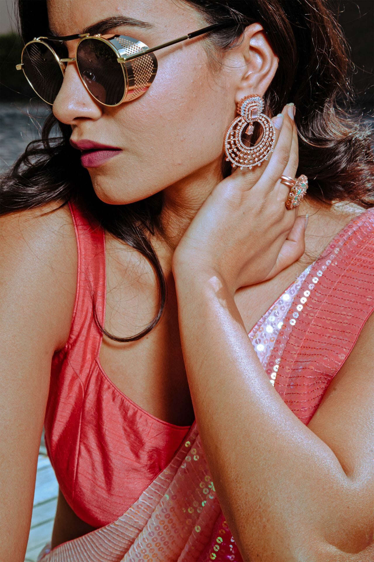 Pink and Coral Ombre Georgette Saree.