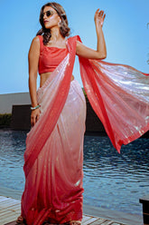 Pink and Coral Ombre Georgette Saree.