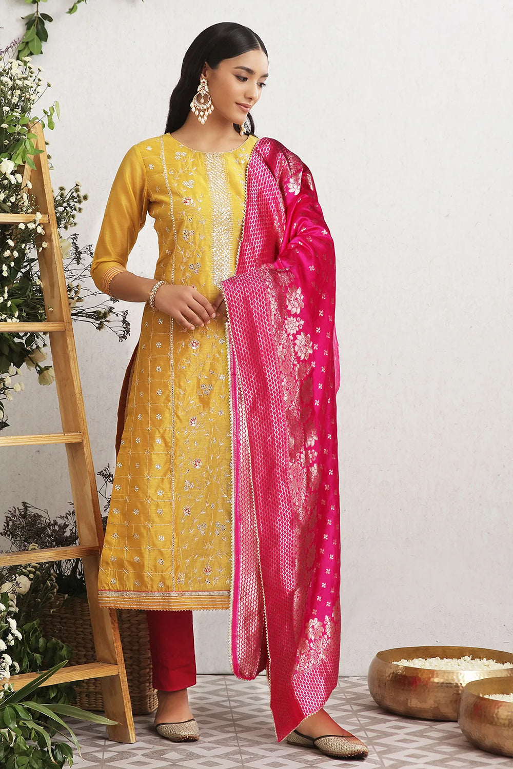 Mustard Colour Chanderi Suit Material.