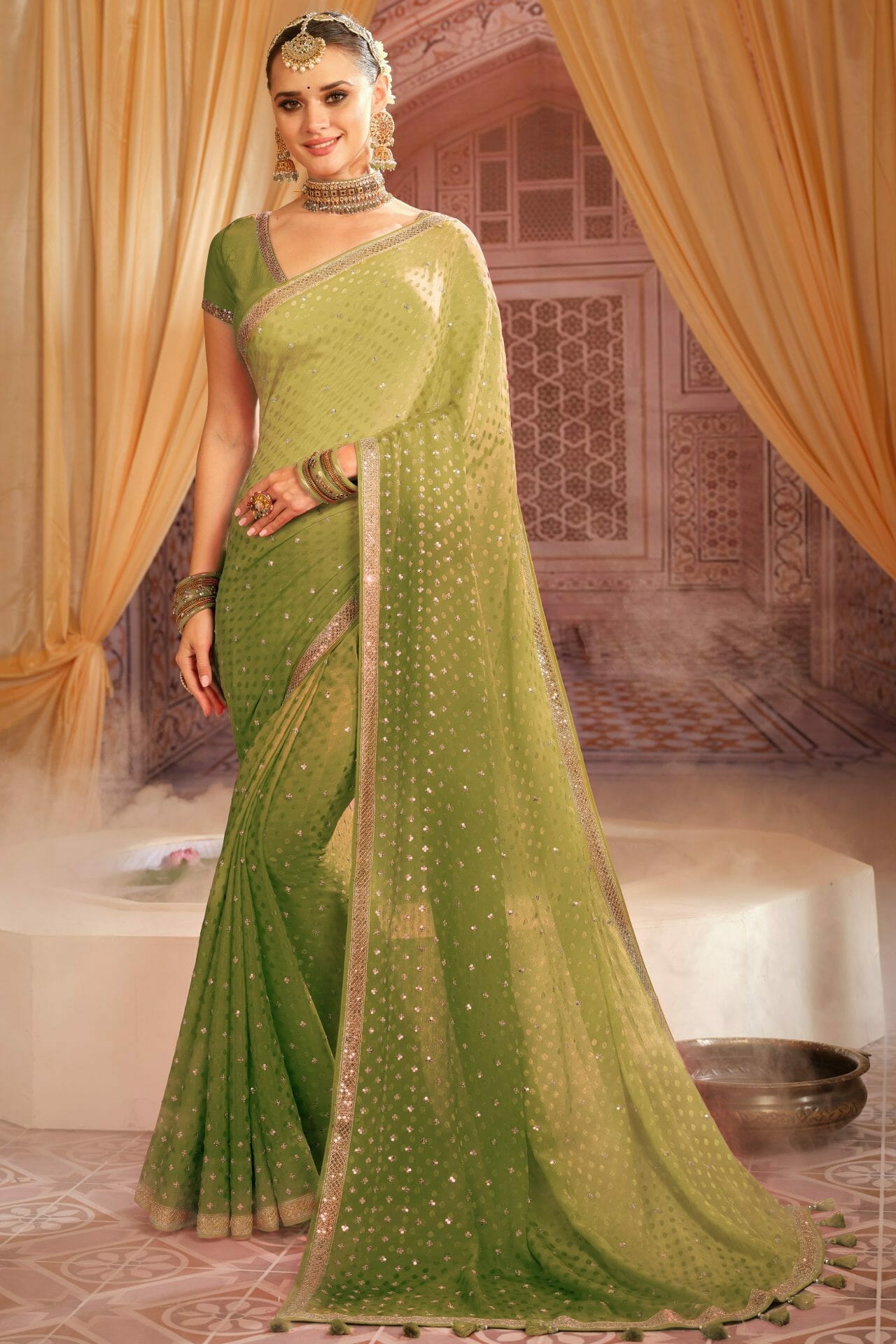 Mehandi Green Shaded Georgette Saree.